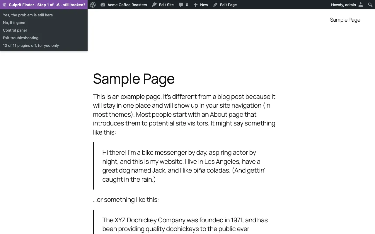 A website page with the purple Culprit Finder toolbar menu open.