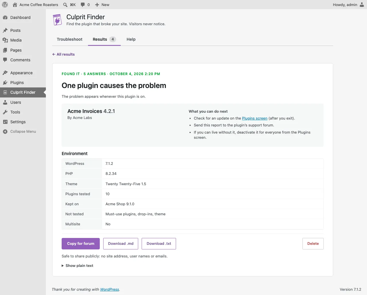 A result page naming Acme Invoices as the plugin causing the problem.