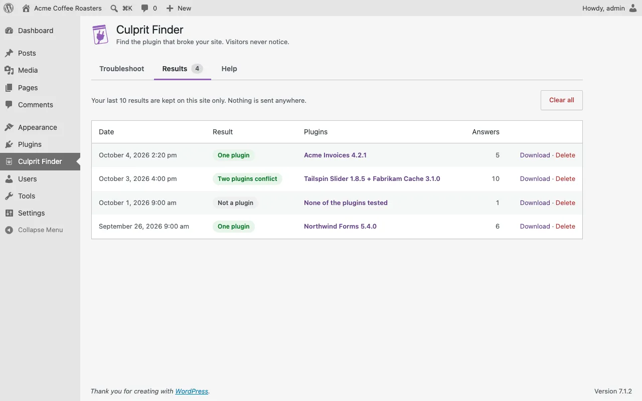 The Results tab with four past results